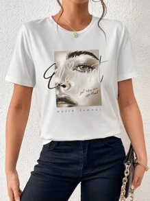 SHEIN Essnce Áo thun nữ Con số Slogan Giải trí - trắng - Xem 3