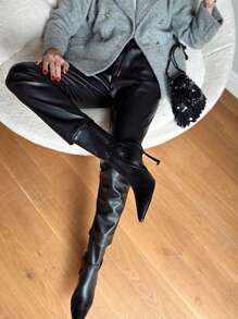 EURMUSE Drawstring Waist PU Leather Pants - Black - View 6
