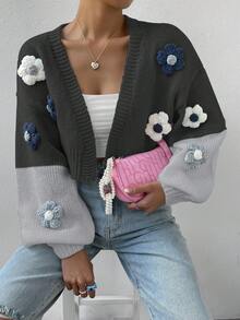 SHEIN Qutie Stereo Flower Colorblock Drop Shoulder Duster Cardigan - Multicolor - View 3