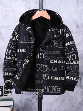 SHEIN Teenager Jungen Kapuzenmantel mit Teddyfutter und Buchstabengrafik