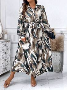 Celure Plus Allover Print Belted Shirt Dress Women Outfit Fall Cloth For Women
