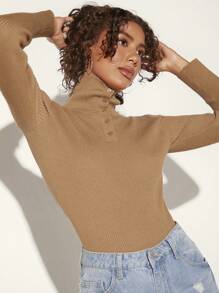 SHEIN BASICS 半排扣條紋針織套頭毛衣 - 棕色 - 查看 1