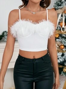 SHEIN Privé 毛茸邊緊身吊帶 - 白色 - 查看 6