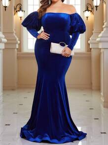 SHEIN Belle 大碼晚宴禮服裙（重工款） - 藍色 - 查看 1