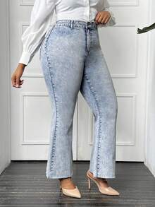 SHEIN LUNE 大碼高腰牛仔喇叭褲 - 淺色水洗藍 - 查看 5