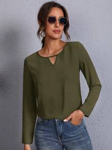 SHEIN Clasi Solid Keyhole Neckline Top - Army Green - View 1
