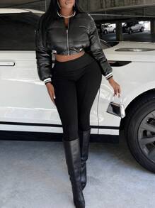 Slaydiva Áo khoác đệm da PU viền sọc - màu đen - Xem 3