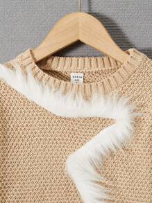 女小童毛茸邊毛衣洋裝 - 卡其色 - 查看 3