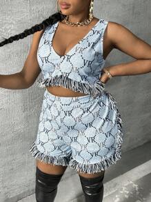 Slaydiva Hơn Đồ họa Chữ cái Viền rìa Áo ba lỗ & Quần short - Nhiều màu - Xem 1