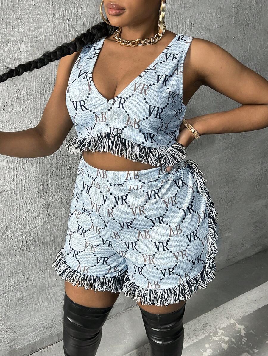 Slaydiva Hơn Đồ họa Chữ cái Viền rìa Áo ba lỗ & Quần short - Nhiều màu - Xem 1