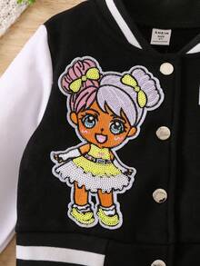 SHEIN Young Girl Letter & Cartoon Patched Striped Trim Varsity Jacket & Pleated Skirt - Black and White - View 3