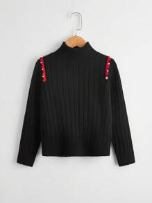 SHEIN Tween Girl Contrast Trim High Neck Sweater - Black - View 1