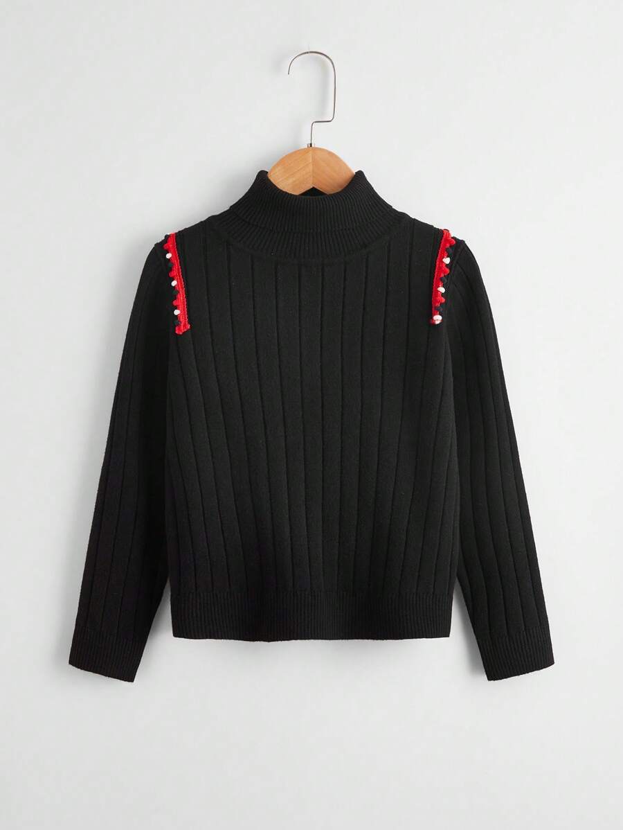SHEIN Tween Girl Contrast Trim High Neck Sweater - Black - View 1