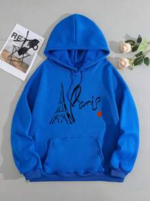 SHEIN Unity Plus Size Tower & Letter Graphic Kangaroo Pocket Drawstring Thermal Lined Sweatshirt - Royal Blue - View 1