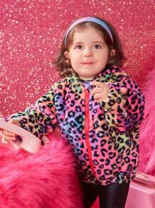 Baby Girl Leopard Pattern Hooded Teddy Jacket - Multicolor - View 3
