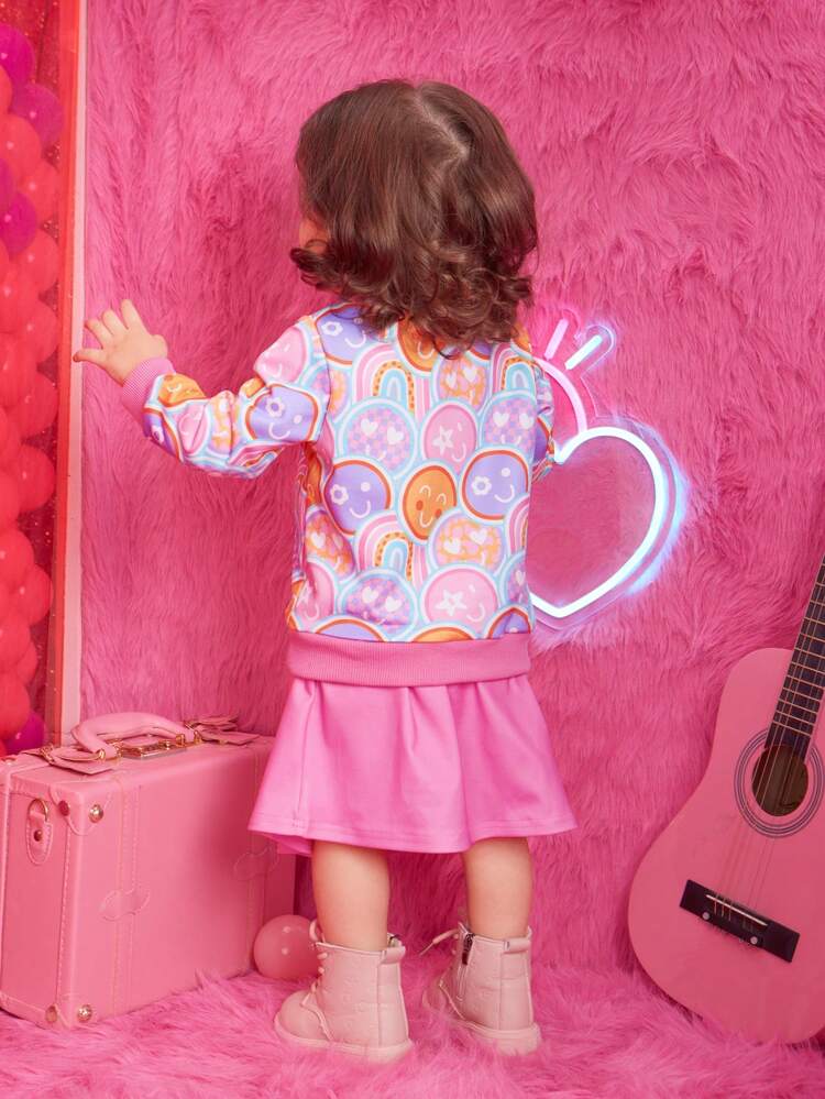 Baby Girl Cartoon Graphic Mock Neck Tee & Skirt & Scarf