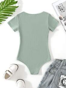 SHEIN Tween Girl Knitted Solid Color Street Style Short Sleeved Bodysuit, Light Green, Spring/Summer Summer Holiday - Mint Green - View 2