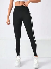 Easithlete 字母图案侧条纹运动紧身裤瑜伽女裤 - 黑色 - 查看 3