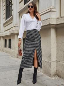 EURMUSE High Waist Plaid Pattern Split Thigh Tweed Skirt - Black - View 4