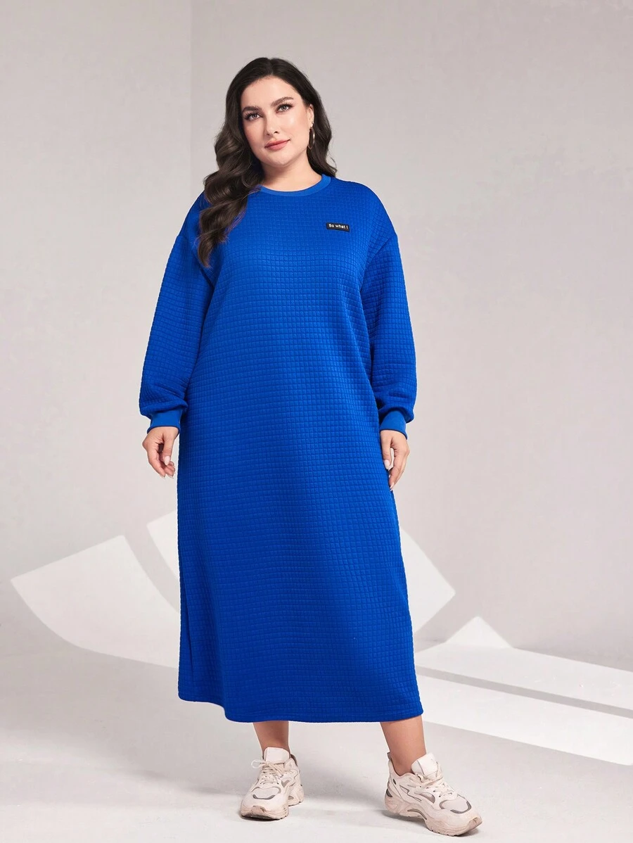 Mulvari 大碼字母貼布落肩袖衛衣洋裝 - 藍色 - 查看 1