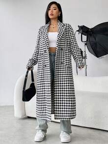 SHEIN Unity Abrigo con estampado de pata de gallo con doble bolsillo de cuello con solapa - Blanco y Negro - Ver 5