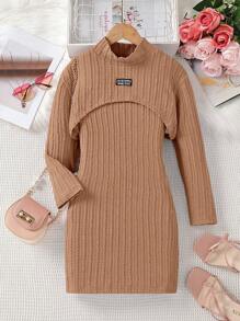 SHEIN 女大童字母補丁細節小高領短款T恤&背心洋裝 - 棕色 - 查看 4