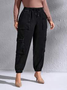 EMERY ROSE Plus Drawstring Waist Flap Pocket Cargo Jeans, Fall Women Clothes - Black - View 4