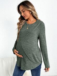 SHEIN Maternity Marled Knit Wrap Nursing Detail Tee - Green - View 4