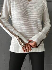 EURMUSE Striped Pattern Button Detail Sweater