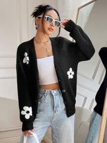 SHEIN Qutie Cárdigan con patrón floral de hombros caídos - Blanco y Negro - Ver 4