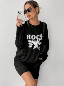 SHEIN Essnce 1入組星形和標語圖案落肩T恤 - 黑色 - 查看 3