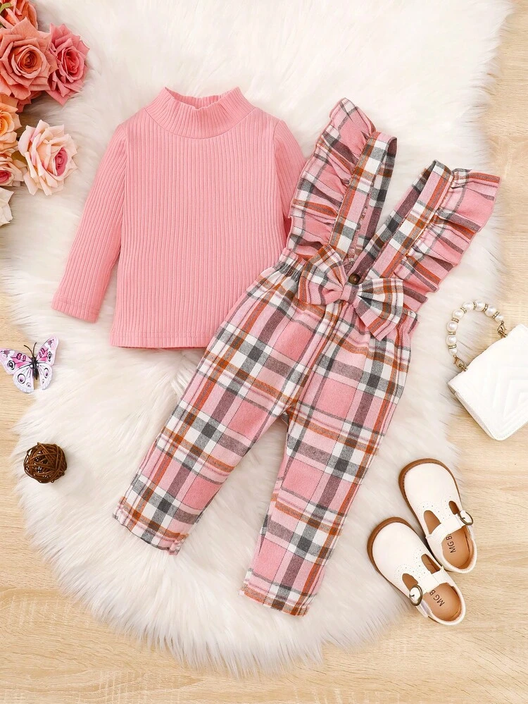 Baby Girl Mock Neck Tee & Plaid Ruffle Trim Bow Front Overall Jumpsuit, For Christmas