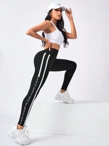 Easithlete 字母图案侧条纹运动紧身裤瑜伽女裤 - 黑色 - 查看 5