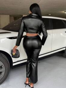 Slaydiva Flap Pocket Front Button Up Jacket And Flare Leg Pants - Hitam - View 2