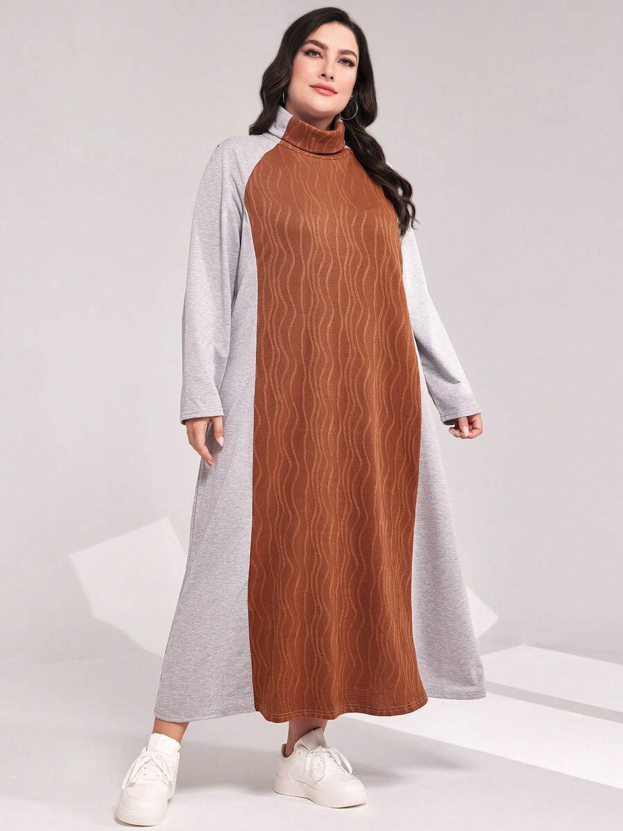 Mulvari Plus Colorblock Raglan Sleeve Dress - Rust Brown - View 1