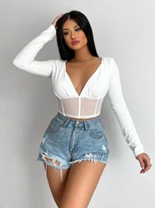 SHEIN SXY 深V領嵌入網紗短款T恤 - 白色 - 查看 1