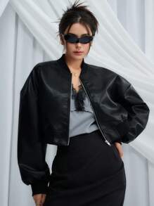 DAZY Thả vai Dây kéo Mùa vụ Áo khoác bomber - màu đen - Xem 8