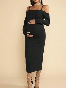 SHEIN Maternity Cold Shoulder Bodycon Dress - Black - View 5