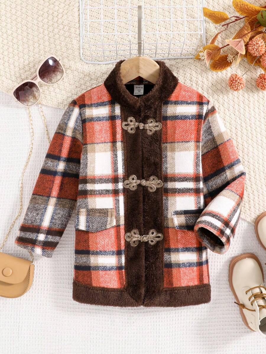 SHEIN 女小童格紋印花毛絨內襯粗呢大衣 - 彩色 - 查看 1