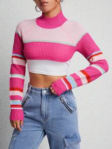 SHEIN PETITE 條紋圖案插肩袖短款毛衣 - 彩色 - 查看 6