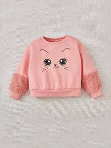 SHEIN Young Girl Cartoon Graphic Teddy Panel Hoodie & Sweatpants - Multicolor - View 3