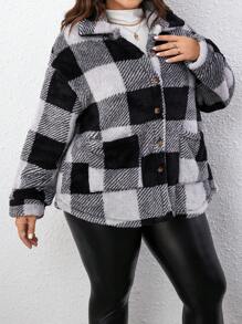 SHEIN LUNE Plus Buffalo Plaid Pattern Dual Pocket Drop Shoulder Teddy Coat - Multicolor - View 4