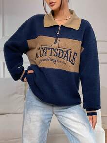 SHEIN Unity 字母刺绣撞色拼接落肩泰迪熊套头卫衣秋季卫衣 - 藏蓝色 - 查看 4