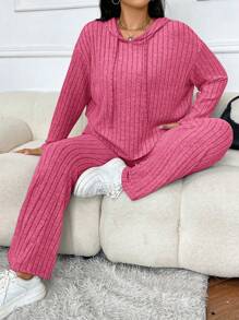 SHEIN EZwear 大碼落肩袖抽繩連帽衫和褲子 - 玫紅色 - 查看 1