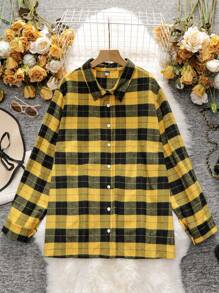 SHEIN CURVE+ 大碼格紋印花前紐扣襯衫 - 黃色 - 查看 1