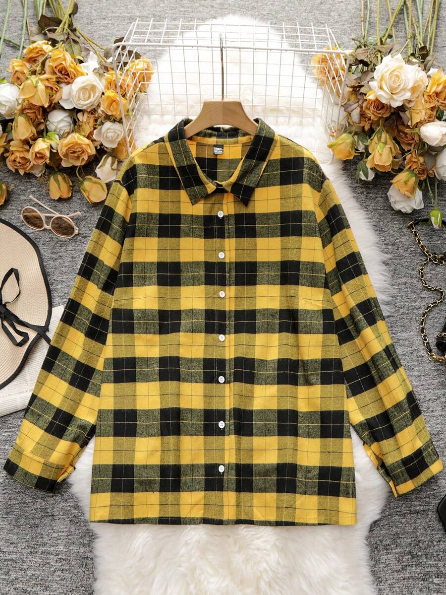 SHEIN CURVE+ 大碼格紋印花前紐扣襯衫 - 黃色 - 查看 1