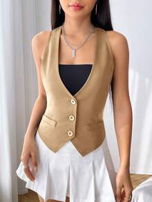 SHEIN EZwear 1 Miếng Chất rắn Nút phía trước Áo gi lê - màu nâu - Xem 5