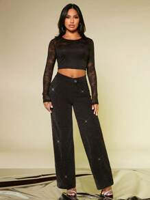 SHEIN SXY Glitter Rhinestone Decoration Wide Leg Pants