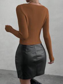 SHEIN Essnce Scoop Neck Ribbed Knit Sweater - Rust Brown - View 2