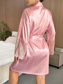 Contrast Lace Trumpet Sleeve Belted Satin Robe - Pink - View 3